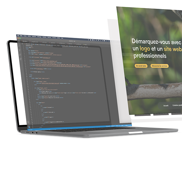 image des composant d'un site web qui sortent de l'écran avec un zoom sur le code